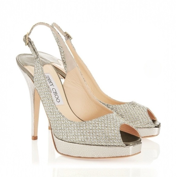 JIMMY CHOO CLUE GLITTER SLINGBACK PLATFORM PEEP TOE HIGH HEEL PUMPS SANDAL 37 - Picture 3 of 16